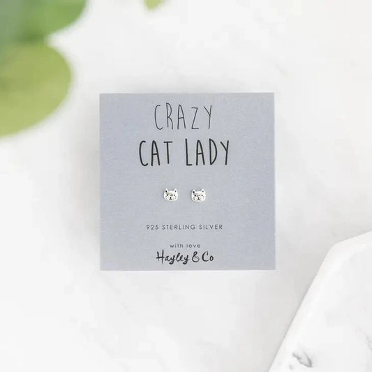 Crazy Cat Lady Kitten Face Sterling Silver Earrings