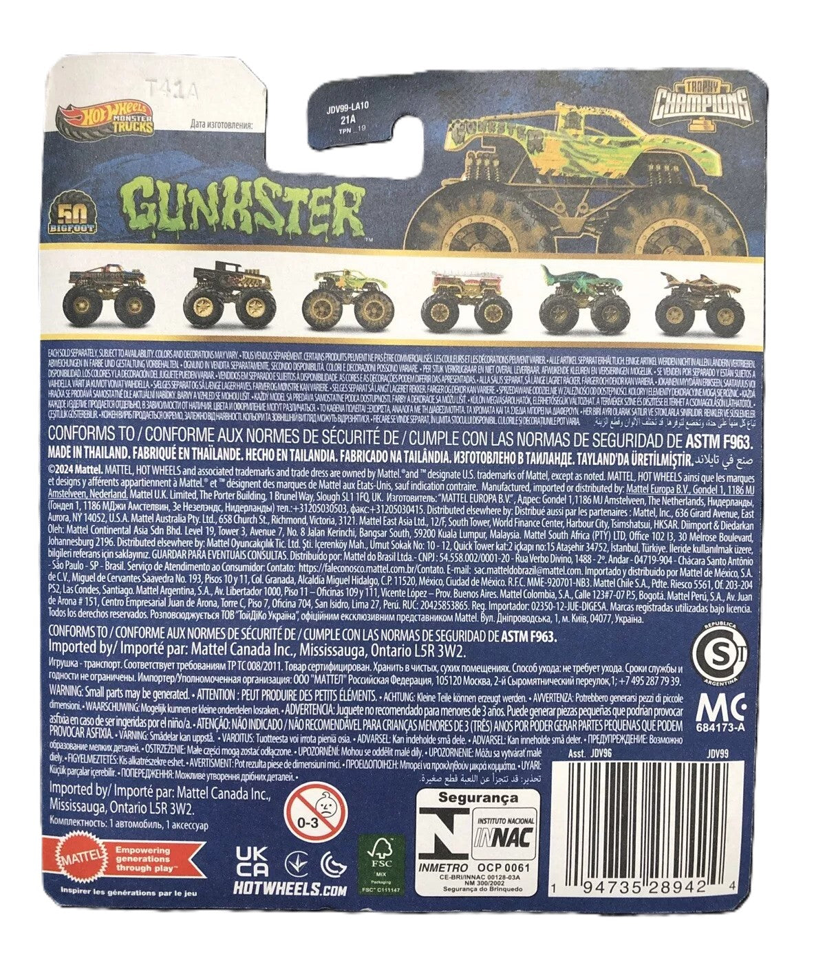 Hot Wheels Monster Trucks Gunkster Trophy Champions 50 Bigfoot JDV96