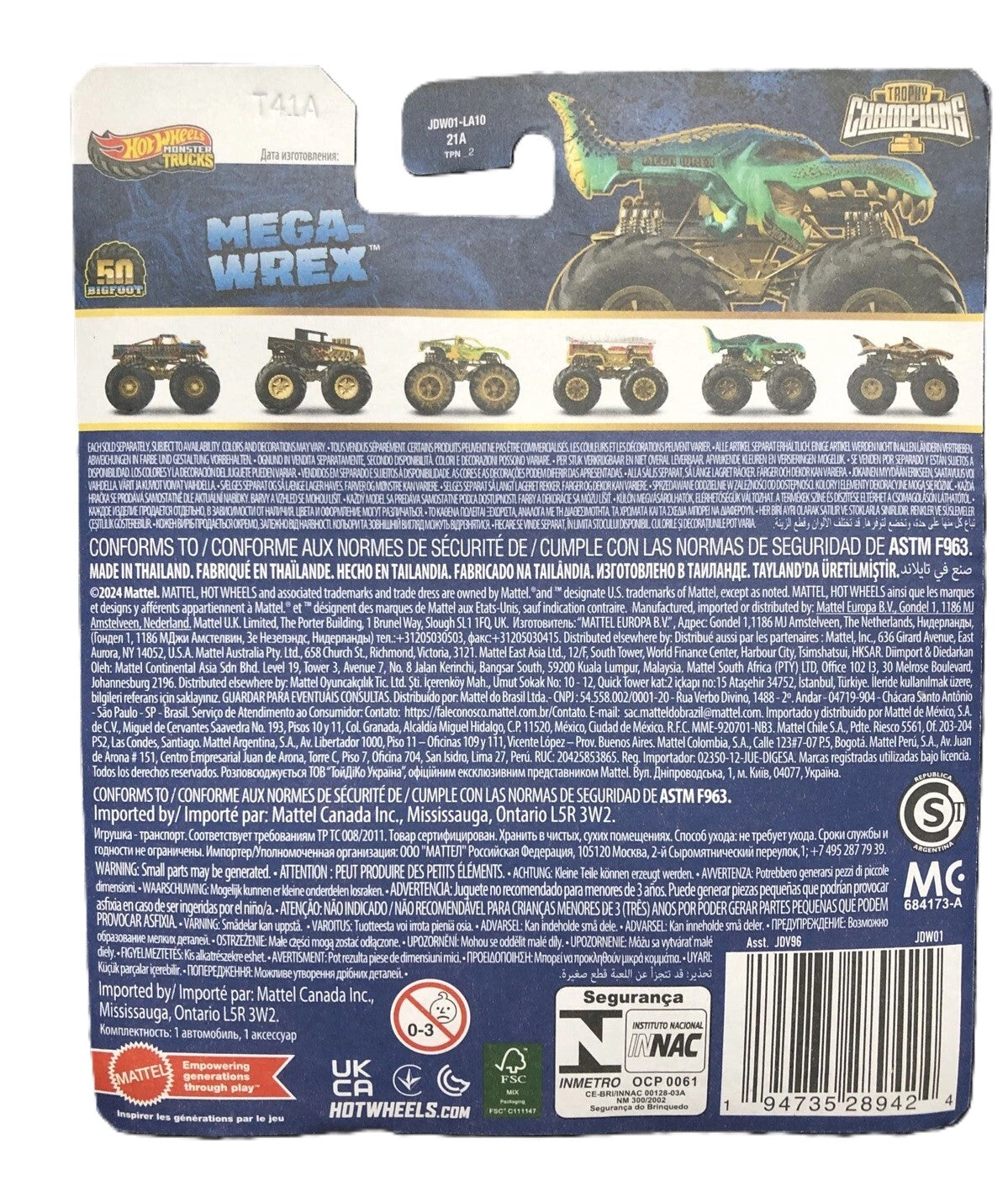 Hot Wheels Monster Trucks Mega Wrex Trophy Champions Gold Bigfoot 50 JDV96