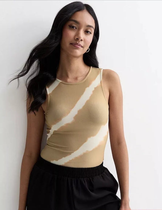 New Look Light Brown Tie Dye Print Mesh Bodysuit