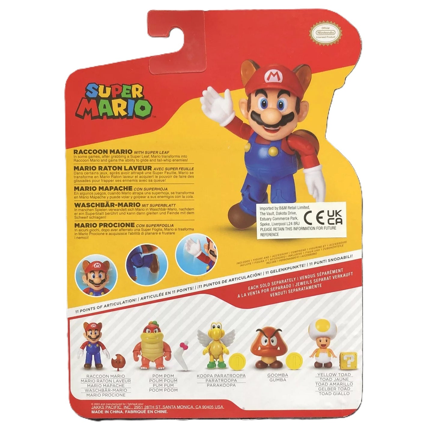 Super Mario Raccoon Mario With Super Leaf, 4" Action Figure Jakks Pacific