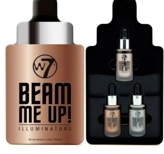 W7 BEAM ME UP ILLUMINATORS Set of 3 Bottles GIFT TIN Skin Highlighter Liquid